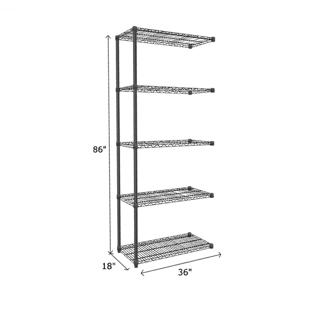 end unit of black wire shelving measuring 86 by 18 by 36 with 5 shelves