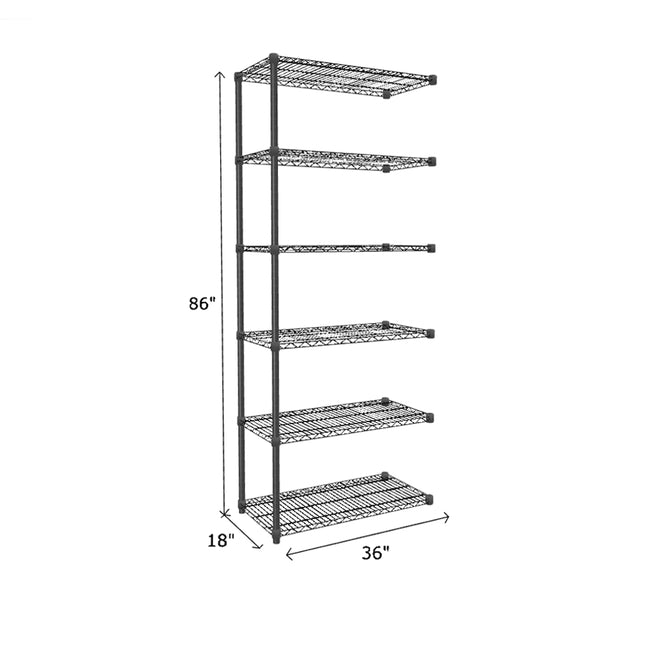 end unit of black wire shelving measuring 86  by 18 by 36 with six wire shelves