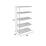 chrome wire shelving end unit with 5 shelves measuring 36 by 18 by 36