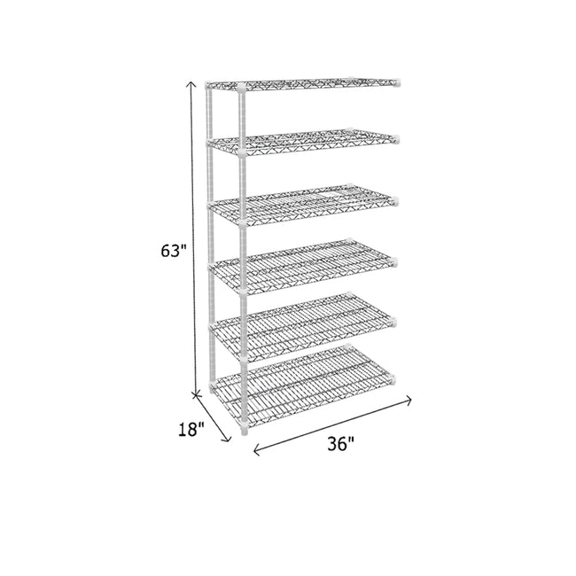 chrome wire shelving end unit measuring 63 by 18 by 36 with six shelves