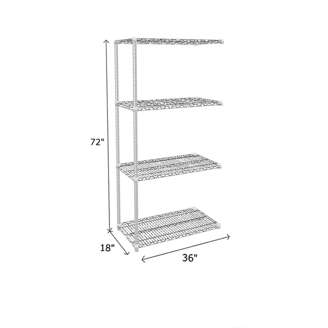 end unit of chrome wire shelving with 4 shelves measuring 72 by 18 by 36