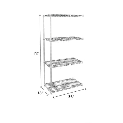 end unit of chrome wire shelving with 4 shelves measuring 72 by 18 by 36