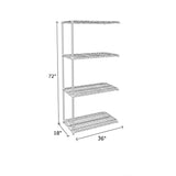 end unit of chrome wire shelving with 4 shelves measuring 72 by 18 by 36