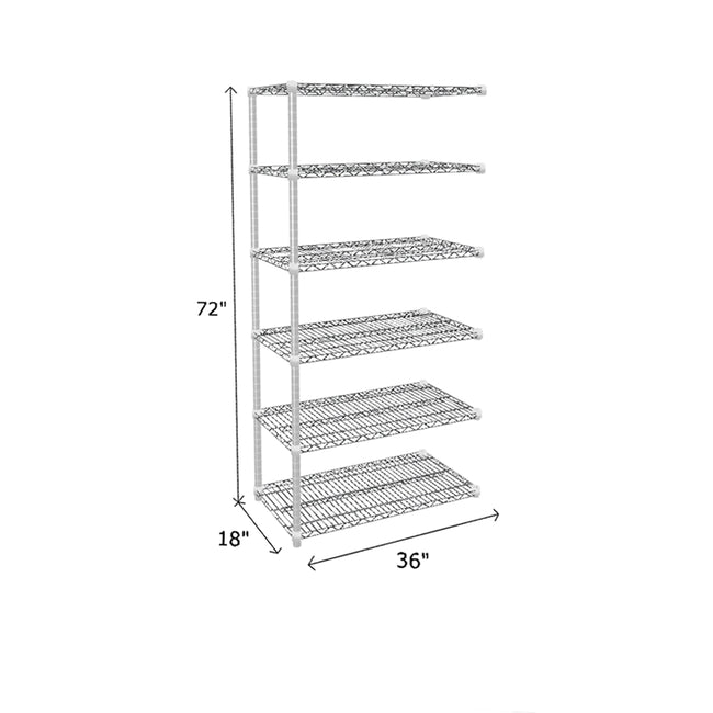 end unit of chrome wire shelving measuring 72 by 18 by 36 with 6 shelves