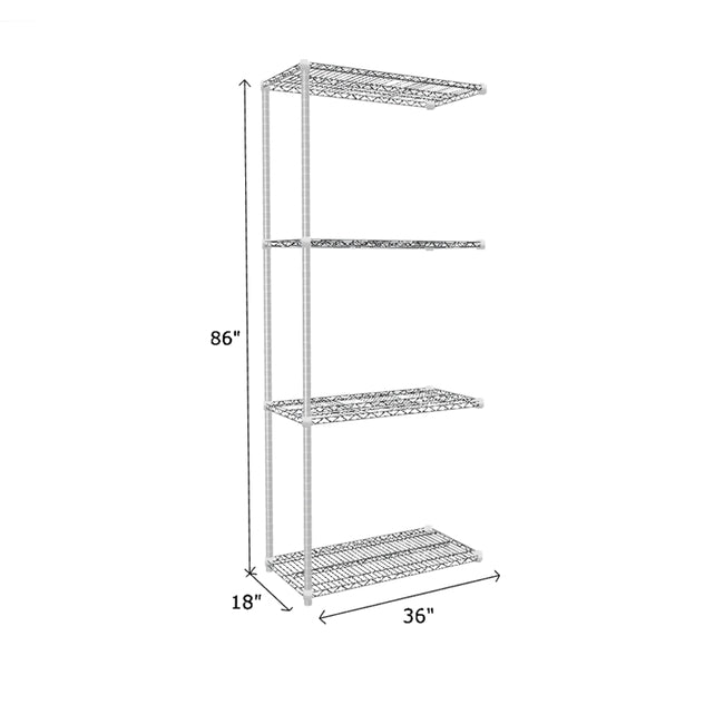 chrome wire shelving add on unit measuring 86 x 18 x 36 with four shelves