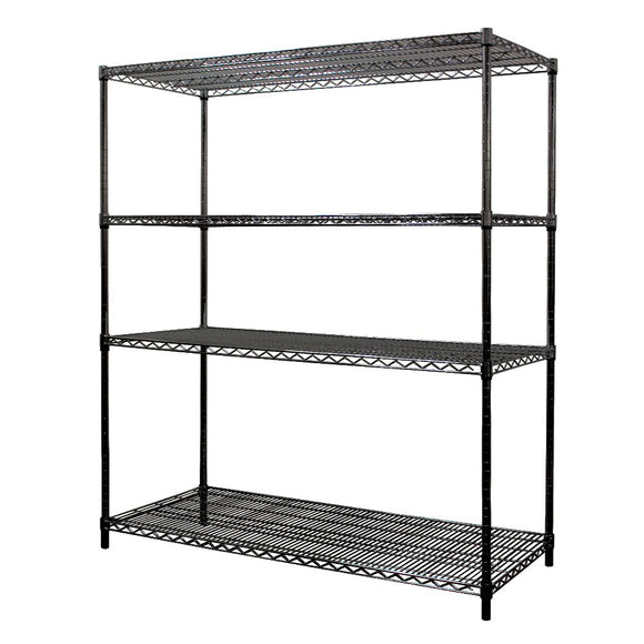 stationary black wire shelving with four shelves