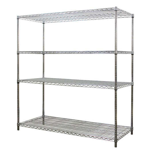stationary chrome shelving unit with four shelves