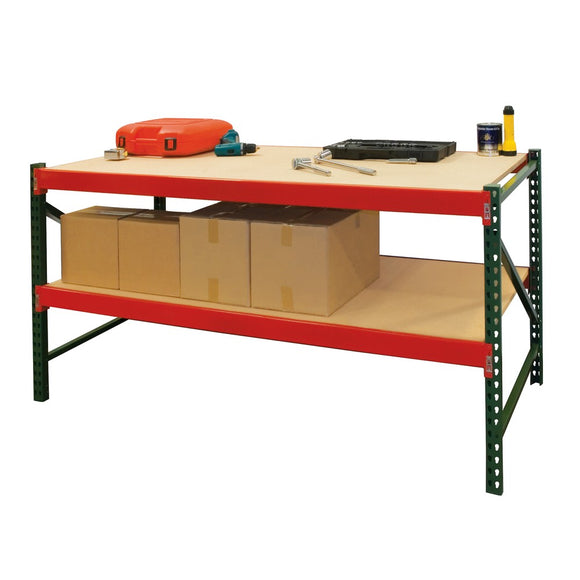 industiral work bench with wood decking and lower shelf
