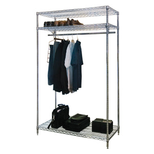 stationary chrome garment rack filled with clothes and shoes