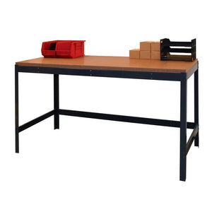 metal workbench with wood top holding red bins